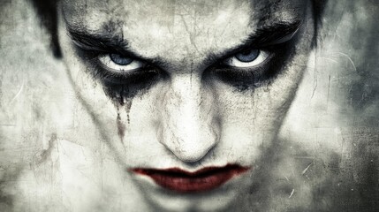 Obraz premium Dark and haunting portrait of a character with striking makeup and intense gaze in a dramatic setting