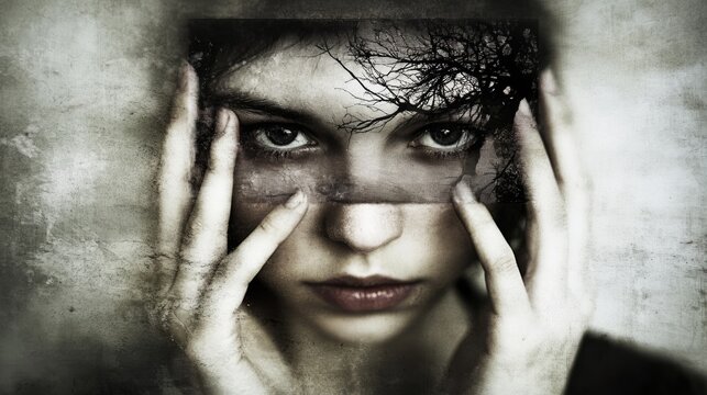 Portrait of a woman expressing deep emotions through her gaze and hands in a monochromatic setting