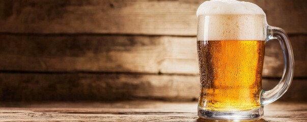 Golden beer in a glass on wooden table.