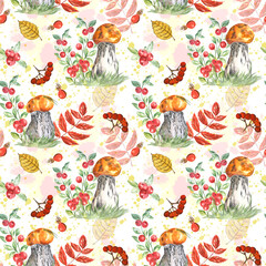 Watercolor pattern with mushrooms and berries on white background. Handmade. Can be used on fabric, textile, wallpaper, wrapping paper