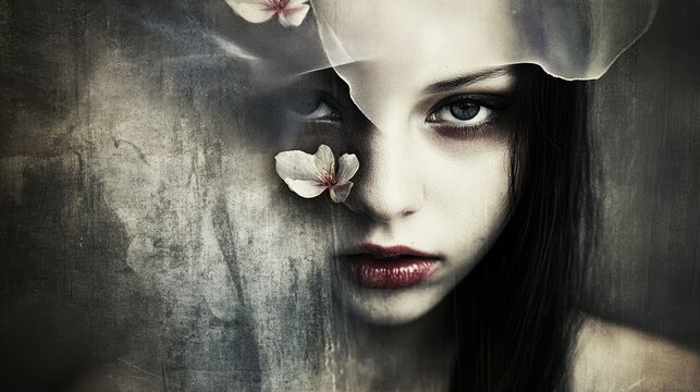 Dark and Mysterious Portrait of a Woman with Flowers near Her Face at Twilight