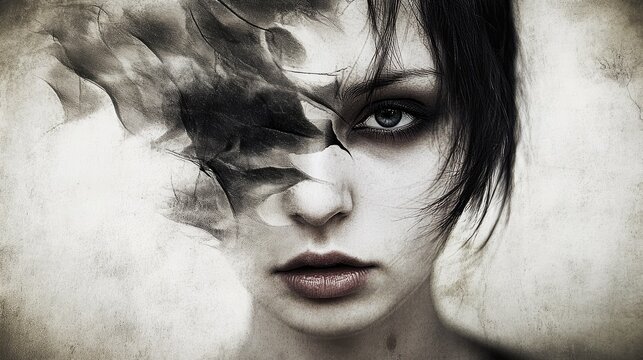 Mystical portrait of a woman surrounded by shadowy elements expressing emotion and depth