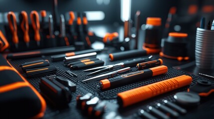 Close-up of a well-organized assortment of precision tools on a textured surface in a workshop setting