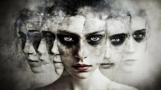 Portrait of a woman with dramatic makeup and multiple overlapping faces captured in a surreal artistic style