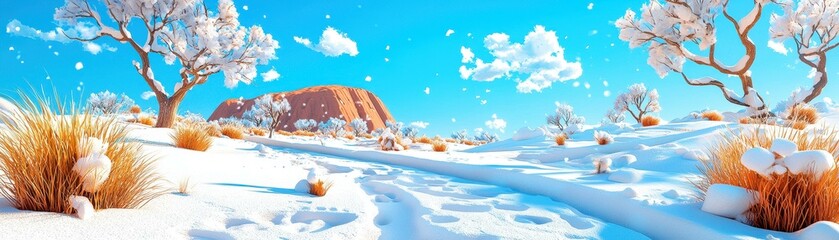 Winter scene with snow and blue sky.