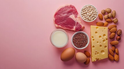 Protein Powerhouse: A vibrant arrangement of protein-rich foods, including red meat, cheese, eggs, nuts, seeds, and dairy, all artfully displayed on a pink backdrop.  