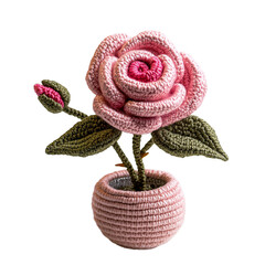 Handmade Crochet Pink Rose Flower in Pot Home Decor Craft Gift, Transparent Background, Ai Generative Images