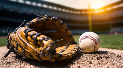 Fototapeta premium Close-up of a baseball glove and ball on a sunny baseball field during a game