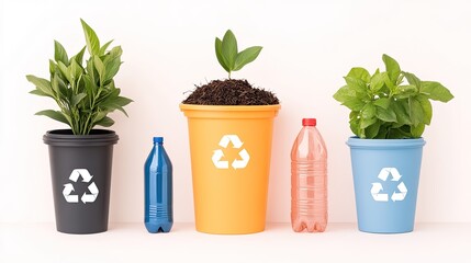Vibrant indoor plants in eco-friendly pots showcasing recycling symbols against a minimalistic backdrop