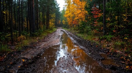 Serene autumn forest path with muddy water reflecting colorful foliage in the background