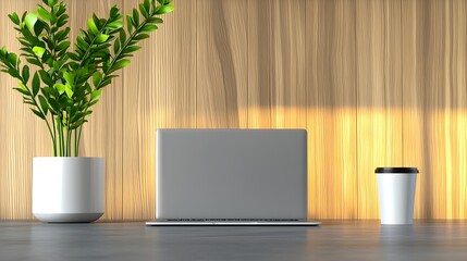 Fototapeta premium Modern Workspace with Laptop, Coffee Cup, and Potted Plant Against Wooden Wall, Perfect for Showcasing Productivity and Minimalist Aesthetics