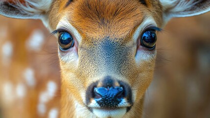 Close-up of a young deer with striking eyes, set against a blurred natural background