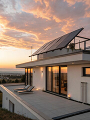 Fototapeta premium Modern Eco-Friendly Home with Solar Panels at Sunset Overlooking Valley