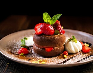 decadent cocoa vacherin, featuring crisp cocoa meringue shells stacked with smooth chocolate custard and airy vanilla mascarpone cream