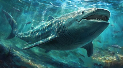 Fototapeta premium A prehistoric shark swimming gracefully in a vibrant underwater scene with diverse marine life