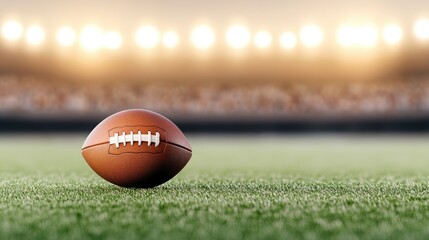 Close-up of a football on a lush green field with stadium lights illuminating the background