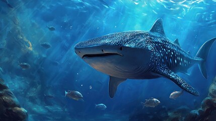 Majestic whale shark gliding through vibrant underwater scene with diverse marine life