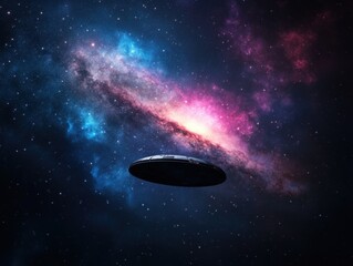 Mysterious UFO Hovering Near Colorful Galaxy in Deep Space