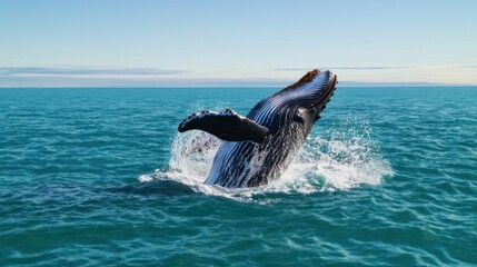Humpback whale breaching in vibrant turquoise waters under a clear sky, showcasing marine life