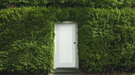 Secret Garden Doorway: A solitary white door concealed within a lush green hedge, inviting exploration and hinting at a hidden world beyond.  