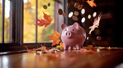 A pink piggy bank surrounded by falling coins and autumn leaves near a window, symbolizing savings