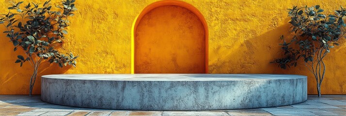 Concrete Platform Against Vibrant Yellow Wall with Arch and Plants