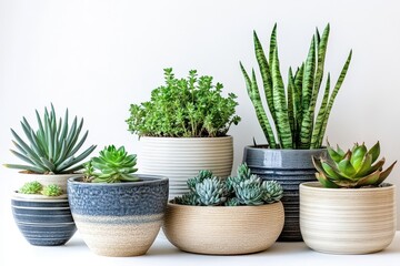 Fototapeta premium A vibrant arrangement of various succulent plants in decorative pots against a clean backdrop