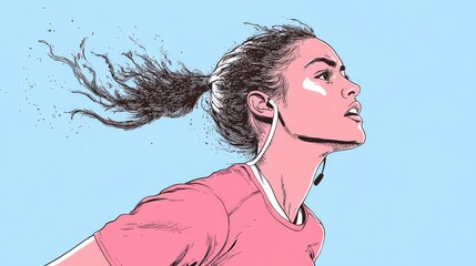 Dynamic illustration of a woman running with headphones, showcasing determination against a light blue background