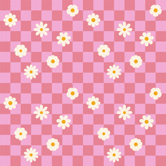 Groovy flower checkered pattern. Retro seamless pattern with simple flowers in 1970s style. Groovy background for Tshirt, poster, card and print. Doodle vector