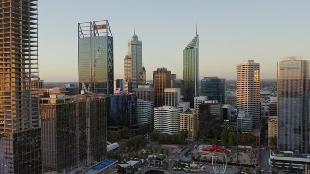 Aerial view of business district skyline at sunset, Perth, Western Australia