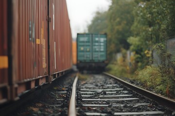 Obraz premium Cargo train on railway tracks, containers, nature background, logistics