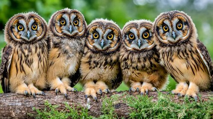 Five adorable baby owls perched together on a log in a green forest during the daytime