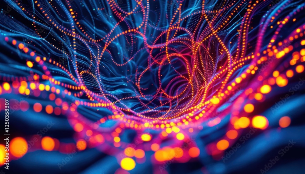 Poster dynamic abstract patterns in blue and orange light displaying depth and motion