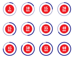 Countdown timer icon set. Minimalist circular countdown timer icons from 5 to 60 minutes, progress indicators for time tracking, scheduling, and productivity management. timer, sandglass. kitchen.