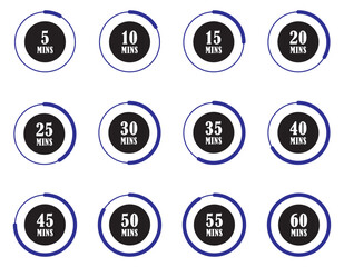 Timer, clock, stopwatch isolated set icons. Label cooking time. Set of timers. 5 10 15 20 25 30 35 40 45 50 55 and 60 minutes. Countdown timer icons set. deadline countdown. vector illustration
