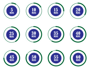 Timer icon set collection 5 10 15 20 25 30 35 40 45 50 55 and 60 minutes. Countdown timer and clock icons. Stopwatch symbol set. Stopwatch, timer, and clock icons. Time tracking symbols. Vector 

