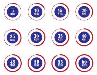 Countdown timer icon set collection 5 10 15 20 25 30 35 40 45 50 55 and 60 minutes. Stopwatch, timer, clock icon collection. Time measurement. Countdown stopwatch and timer set. Cooking time labels. 