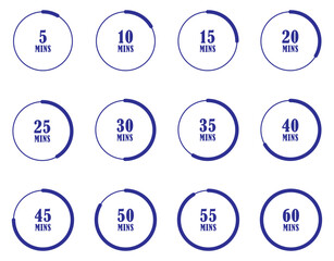 Countdown timer set from 5 to 60 minutes. Kitchen timer and stopwatch icons for deadline tracking. Stopwatch and clock icons set for sport and cooking. Sport stopwatch and kitchen timer clock icons. 