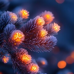 Glowing Pine Branches Covered in Frost in Wintery Forest at Night