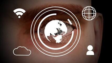 Animation of financial data processing and scope scanning over eye. - Powered by Adobe