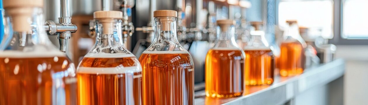 Various bottles filled with amber liquid.