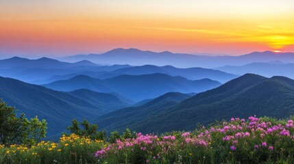 Serene mountain landscape at sunset, adorned with colorful wildflowers.