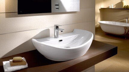 Modern bathroom featuring a sleek sink design with a serene atmosphere and soft lighting
