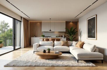 living room in Art Nouveau style with white sofa and coffee table