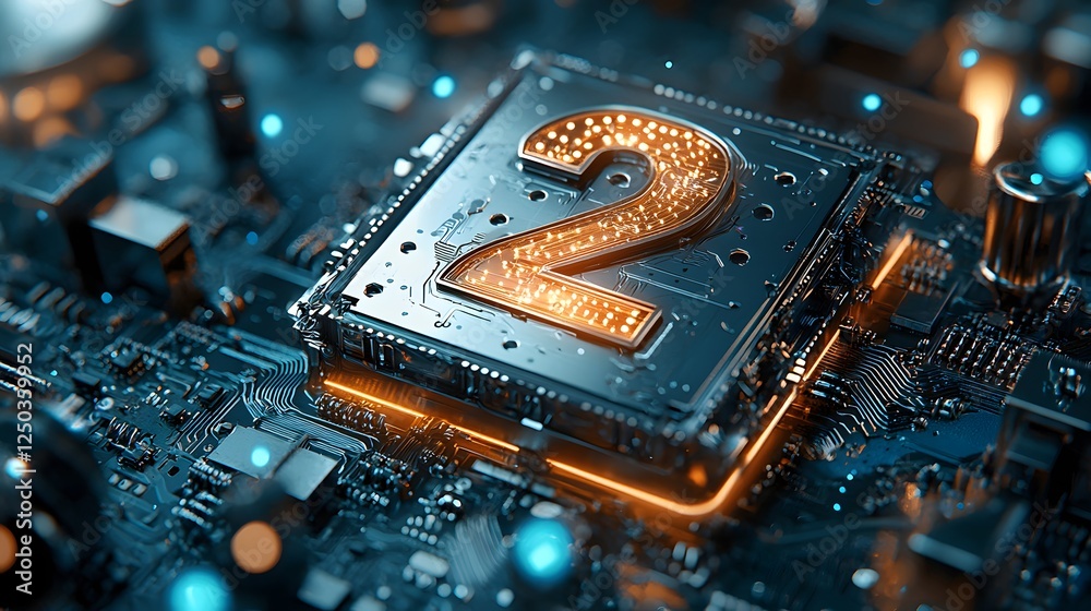 Poster glowing blue microchip on circuit board symbolizing advanced digital technology and intelligence the