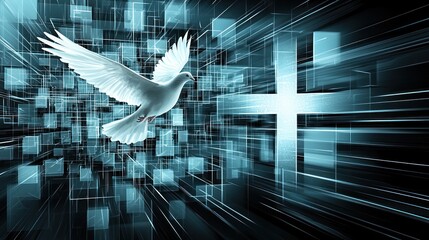 A white dove soaring through a digital landscape with glowing cubes and a cross symbolizing peace