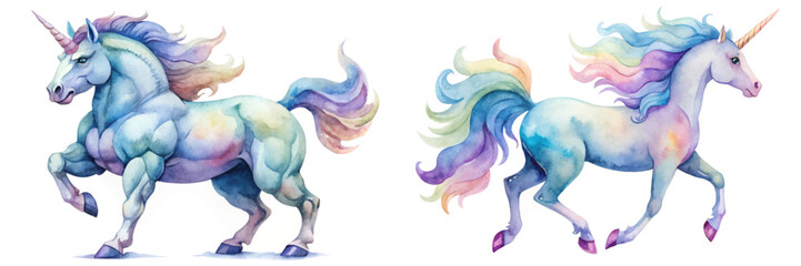 Colorful unicorn illustrations, whimsical watercolor style, vibrant pastel hues, fantasy theme, artistic design, playful imagery. © Creep