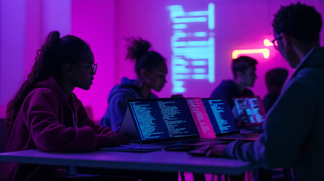 Diverse Coding Bootcamp Team Collaborating with Digital Code Projections