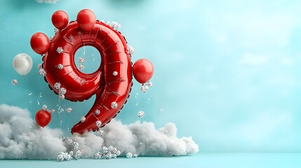 Bright red balloon in the shape of the number 9 floating against a cloudy blue sky representing a celebratory milestone or anniversary event