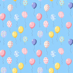 Colorful balloons in various patterns floating against a light blue background, perfect for celebrations or events